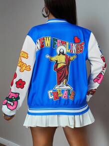 Slaydiva 2025 Herbst/Winter Neue Musik Festival, Abschluss, Studentenmode, Lässig, Streetwear, Cooles Mädchen, Varsity Sport, Buchstaben & Blumen Grafik Kurzarm, PU Ärmel Splice Blaue Damen Hoodie Jacke Japanischer Mode Grafik Muster Jacke Bomberjacke Vergnügungspark - Verschiedenfarbig - Übersicht 2