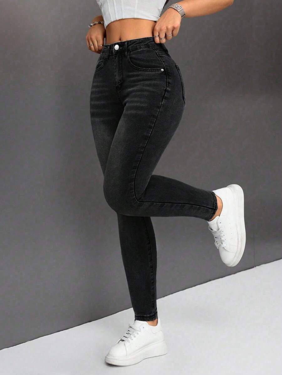 SHEIN PETITE 女式口袋紧身休闲百搭牛仔裤 - 黑色 - 查看 1