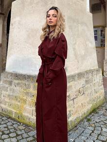 Jeta Ari New Windproof Coffee Color Versatile Extra Long Cinched Waist Double Breasted Decorative Button Down Trench Coat With Oversized Collar, British Style - Burgundy - View 5