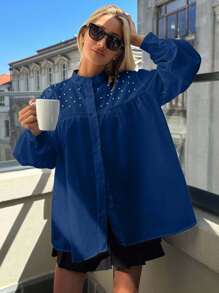 EURMUSE Camisa con cuello alto y mangas de linterna decoradas con diamantes 100% algodón - azul real - Ver 5