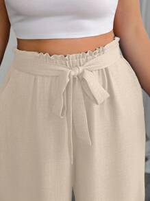 SHEIN PETITE Pantalones de pierna ancha de unicolor con volantes en el dobladillo, cintura con lazo y bolsillos para mujer de talla grande - Albaricoque - Ver 3