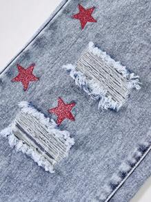 Jeans rectos holgados de lavado azul desgastado con estampado de estrella retro para niñas de talla grande, pantalones de mezclilla casuales para un estilo dulce de señora