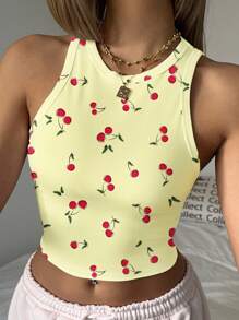 SHEIN EZwear Áo ba lỗ bó sát cổ tròn họa tiết quả anh đào tối giản giản dị dành cho nữ, phù hợp cho mùa hè - Nhiều màu - Xem 4