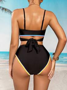 Shapewave 2pcs/Set Women's Neon Black, Pink, Blue, Purple Shark Tooth Print Push-Up Tummy Control Swimwear Bikini, Casual For Spring, Summer, Beach, Party - Multicolor - View 7