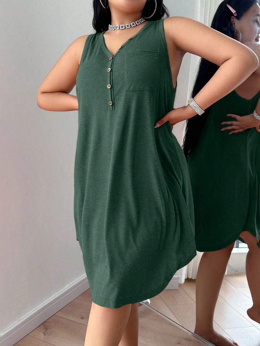 SHEIN V领无袖连衣裙,舒适休闲的睡衣/家居服 - 綠色 - 查看 1