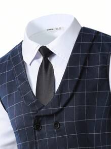 SHEIN 2 件套青少年男孩绅士装，格子修身背心 + 优雅长裤，生日、婚礼、婚礼宾客、花童、戒指持有人、返校正式服装 - 藍色 - 查看 6
