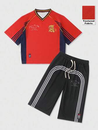 Prep Conjunto de camiseta de manga corta de raglán con eslogan casual y pantalones cortos para hombres, de verano