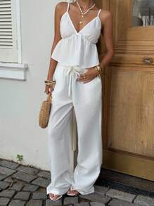 Sunnyshic 2 件套粉色和白色格子 V 领背心，带褶饰和高腰阔腿裤，可爱优雅的休闲假日/日常装扮，夏季