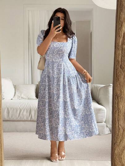 Vionelle Plus Size Women's Spring/Summer French Chic Elegant Commuting Casual Beach Holiday Blue & White Floral Square Neck Cinched Waist Ruched A-Line Maxi Dress