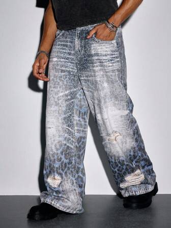 Street Life Jeans holgados personalizados de pierna ancha con estampado de leopardo para hombre