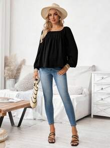 SHEIN 孕妇宽松纯色方领优雅长袖衬衫 - 黑色 - 查看 5