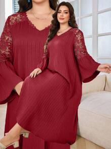 Modelyn Casual Solid Color Lace Patchwork V-Neck Ruffle Hem Long Sleeve Loose Maxi Dress, Plus Size, Spring/Summer Fall - Burgundy - View 1