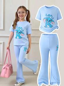 SHEIN 少女夏季运动可爱卡通兔子字母印花短袖T恤喇叭裤套装