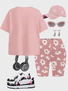 SHEIN Leap Crew 2件套少女休闲简约短袖宽松T恤和打底裤套装，适合夏季少女穿着。夏季短款套装，少女休闲印花杏色圆领短袖T恤，饰有雏菊图案，夏季童装雏菊印花两件套短款套装。 - 彩色 - 查看 2
