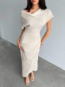 Aloruh Women's Spring/Summer Wrap Draped Neck Ruched Long Dress, Suitable For Commuting, Casual, And Outgoing - Apricot - View 6