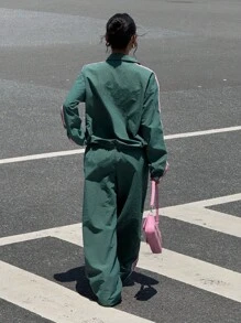 Muchica Conjunto de dos piezas para mujer de chaqueta y pantalones deportivos con bloqueo de color y diseño a rayas tejidos