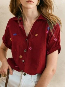 Écloséra Women's Floral Embroidery Casual Vacation Shirt With Turndown Collar And Rolled Sleeves