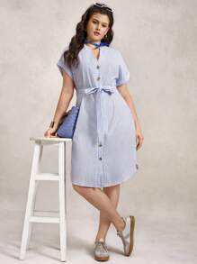 Zelara Vestido midi de rayas azules y blancas con lazo en la cintura para mujer de talla grande para el verano