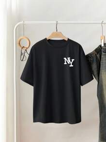 Women Black New York NY Letter Print Loose Round Neck Short Sleeve T-Shirt, Elegant And Comfortable Design, Casual Outdoor T-Shirt For Summer