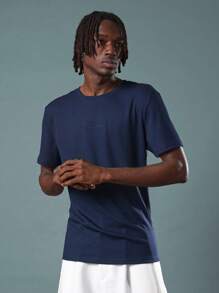 SUMWON Camiseta básica de manga corta con cuello de canalé, textura de gofre, ajuste muscular esencial, transpirable, para el verano - Azul Marino - Ver 5