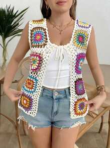 Breezaya Vintage Handmade Crochet Hollow Out Lace-Up Plus Size Mid-Length Cardigan For Women, Bohemian Style Summer Swimwear Cover-Up, Vacation Top Winter Fall Autumn