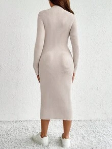 SHEIN 孕妇休闲纯色合身针织连衣裙 - 卡其色 - 查看 2