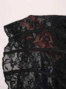 SHEIN BAE 女士优雅性感纯色蕾丝修身短款上衣 - 黑色 - 查看 8