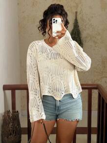 Travachic Plus Size Casual Loose Hollow Out Long Sleeve Crew Neck Women Sweater In Fall/Winter - Apricot - View 4