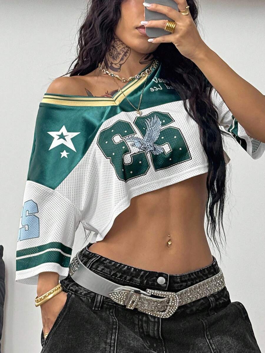 Coolane 女式夏季运动服比赛日数字图案火焰图案 V 领短款 T 恤,狂欢节 - 綠色 - 查看 1