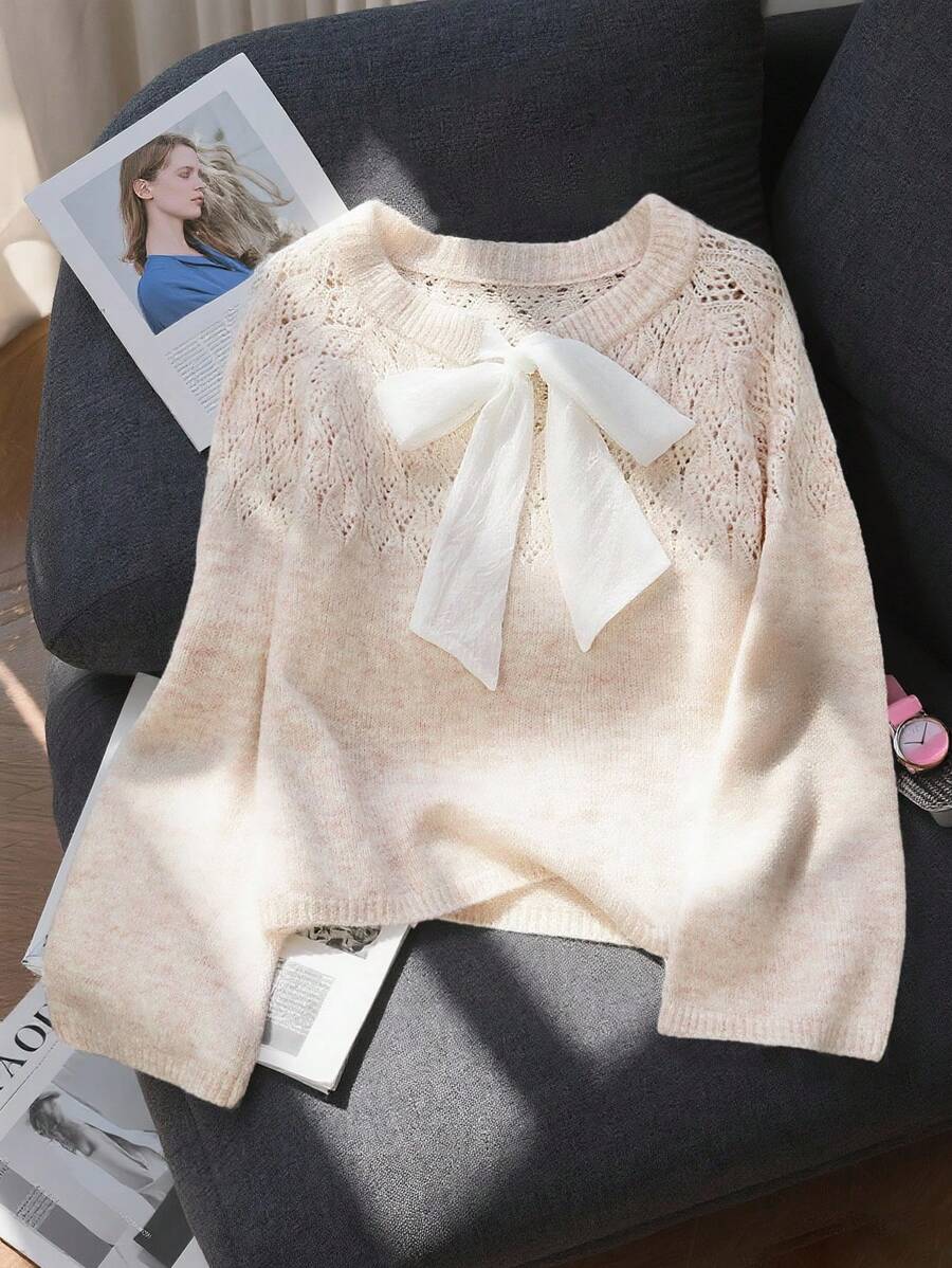 Franclia Femmes Décontracté Ample Simple Polyvalent Demi-Transparent Mélangé Floral Cloche Manches Équipage Cou Ouvert Nœud Papillon Tricot Chandail, Automne Hiver - Multicolore - Voir 1