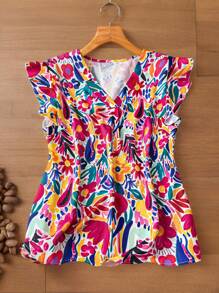 SHEIN LUNE Plus Size Women Fourth Of July V-Neck Floral Print Effect Flowy Sleeve Rainbow Beach Outfits For Woman Blouse - Multicolor - View 8