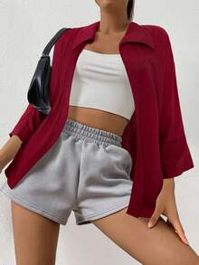 SHEIN EZwear Spring White Solid Batwing Sleeve Shirt - Burgundy - View 4