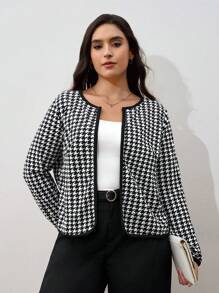 SHEIN Clasi Plus Houndstooth Print Open Front Jacket,Fall Women Clothes Winter Autumn