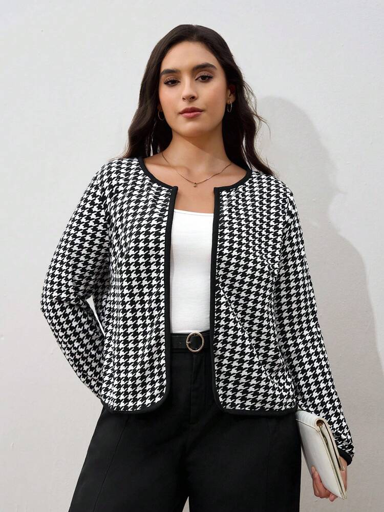 Plus Houndstooth Print Open Front Jacket,Fall Women Clothes Winter Autumn
