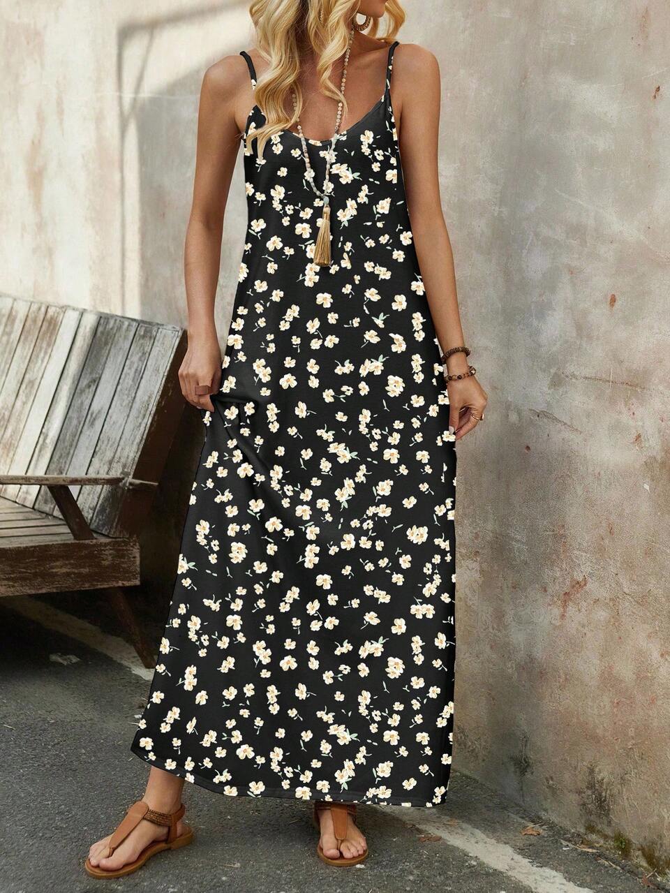 Multicolor Cold Shoulder Women's Cami Dress In Knitted Fabric With Random Print Long Sundress Maxi Floral Dress Casual Maxi Dress Long Sun Dress Floral Sundress Chic Dress