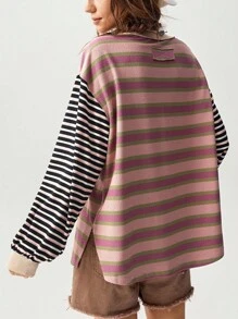 Bohemela Plus Size Contrast Color Stripe Patchwork Drop Shoulder Loose Sweatshirt,Fall Clothes For Women Winter Autumn - Multicolor - View 2