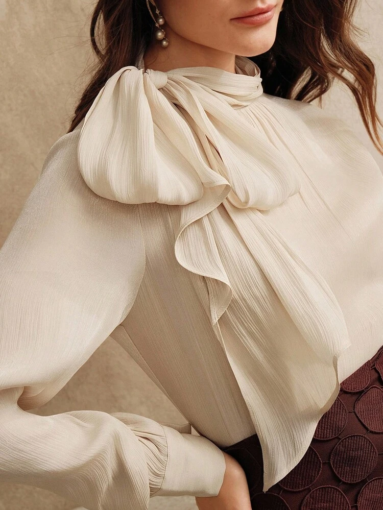 Anewsta Essential Women's High Neck Long Sleeve Blouse With Bowknot, French Elegant Commute Style Top