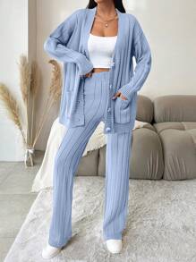 EURMUSE Ensemble Deux Pièces Cardigan Ample Et Pantalon Tricoté Pour Femmes - Bleu ciel - Voir 6