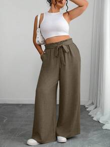 SHEIN PETITE 大码女式纯色荷叶边腰带休闲阔腿裤 - 咖啡棕 - 查看 3