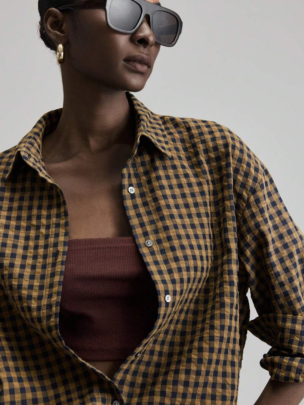 Urban Chic Style, Extremely Comfortable, Woven Plaid, Bi-Color Plaid, Women's Shirt, Loose Fit, Casual Wear, Ladies' Top, Autumn, Back To School, Business Casual, Commuter Attire, 2025 New Collection Modern Urban Casual Fashion Business Casual Women's Office Wear Low-Key Old Money Style Brown Shirt