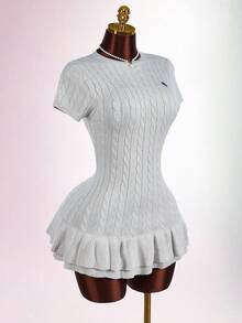 Amplova Women Knight Pattern Round Neck Short Sleeve Ruffled Hem Knit Dress - Grey - View 3