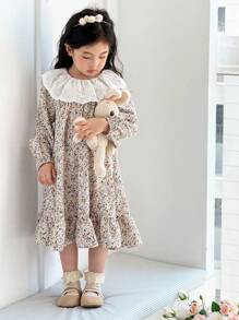 SHEIN Little Byeori Young Girls' Elegant Floral Lace Collar Puff Sleeve Dress Girls With Little Girl Long Autumn Fall Winter - Multicolor - View 5
