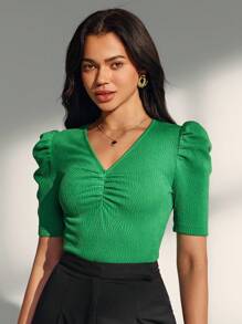 SHEIN Unity Women's V-Neck Gigot Sleeve Fitted Green Knitted Top - Green - View 1