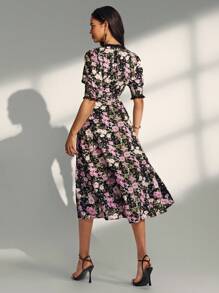 Almamuse Women's Elegant Lace Patchwork Ditsy Floral V-Neck Dress Summer Dress - Black - View 2