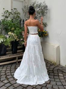 Sunnyshic 2pcs Set White And Pink Linen Top With Embroidered Ruffle Trim & Bow Decor + A-Line Long Skirt,Summer Elegant Vacation Holiday Wedding Outfit Women - White - View 2