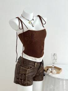 Elamini Women's Casual Contrast Color Trim Knit Camisole Top - Brown - View 4