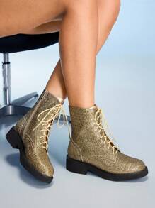 CUCCOO GRLICON Giày bốt cổ ngắn nữ, kiểu Y2K, phong cách Punk, phong cách Biker, phong cách cá tính, phù hợp cho Halloween, Giáng sinh, tiệc tùng. - Vàng - Xem 6