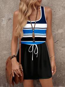 SHEIN LUNE Casual Minimalist Nautical Style Black, White & Blue Striped Pattern Short Dress, Suitable For Summer & Vacation Suitable For Going Out Chic Dress