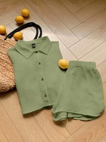 Comfortcana 休闲绿色两件套服装，有领衬衫和短裤衬衫套装，女士棉质两件套 - 軍綠色 - 查看 6