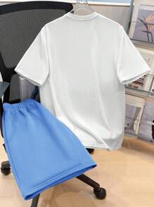 SHEIN Bộ 2 món dành cho thiếu niên nam, áo thun ngắn tay và quần short in hình chữ thập màu trắng, phong cách đường phố punk rock, thích hợp cho sinh hoạt hàng ngày, dự tiệc, lễ hội âm nhạc, mùa xuân/hè. - Màu xanh lam - Xem 2